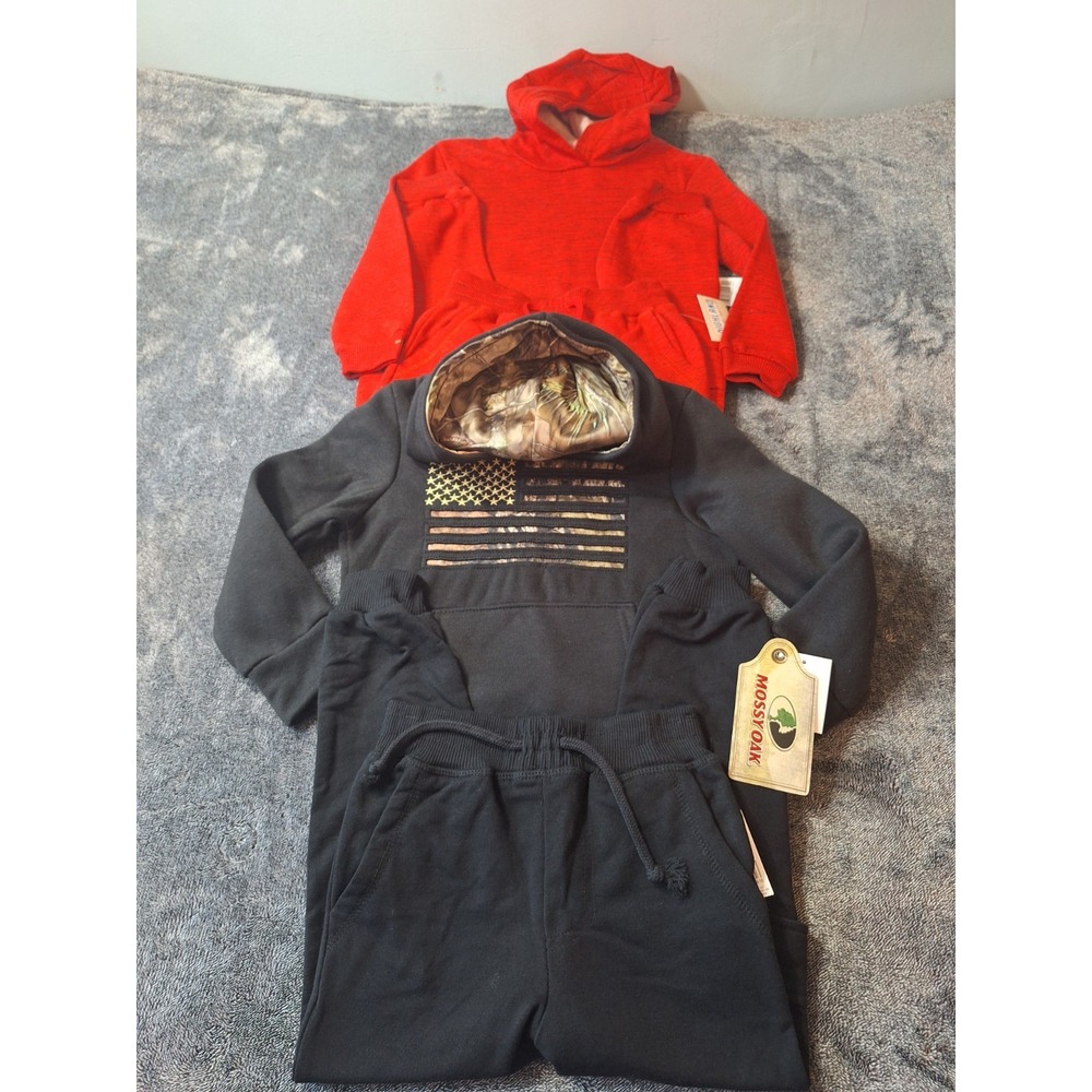 4‎ Pc Boys Hoodie Sweat Suit Jogger Sets 4 Black Red Mossy Oak Flag Play Active